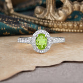 1 Carat Oval Cut Peridot Engagement Ring Half Eternity Halo Promise Ring